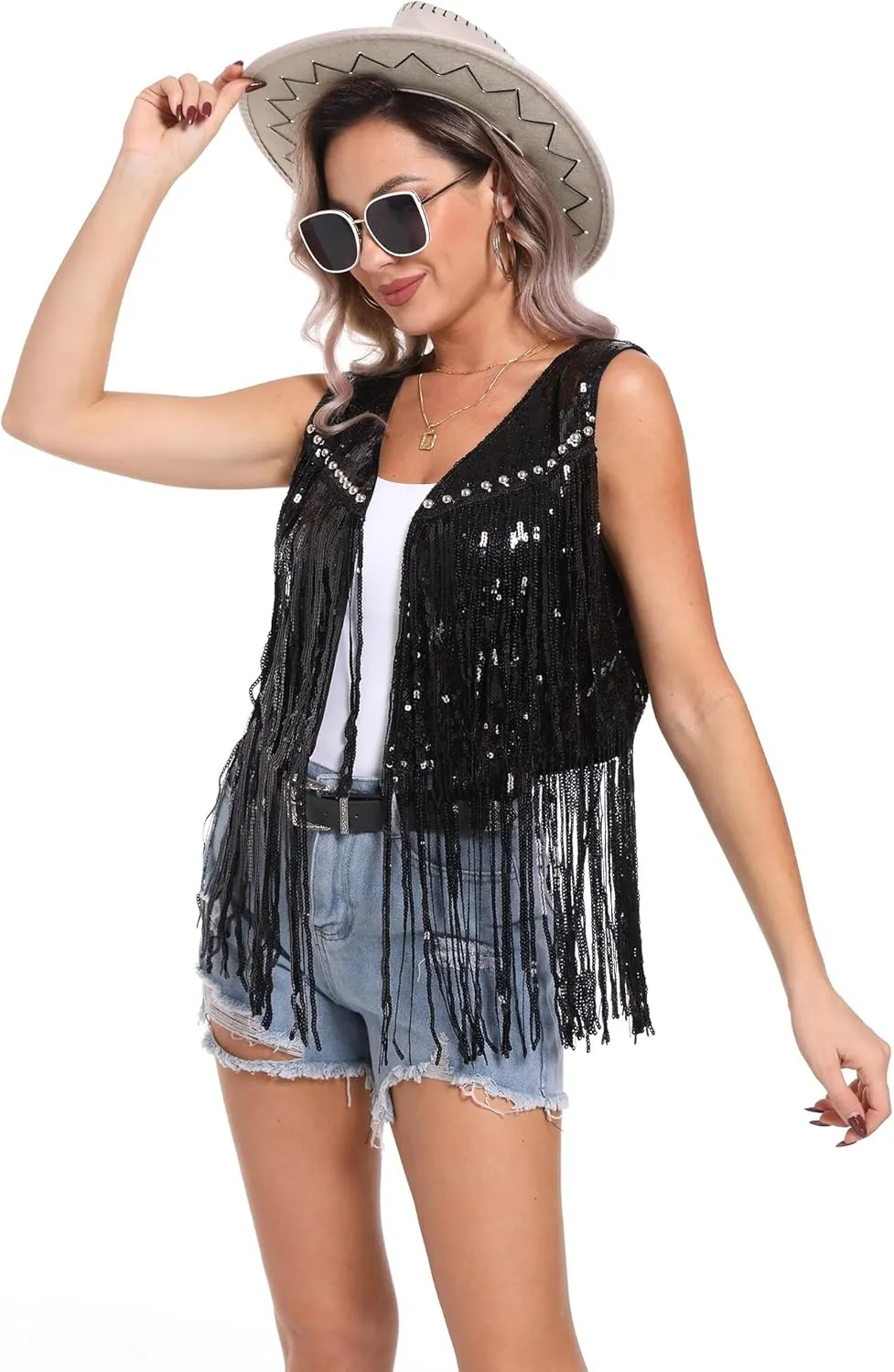 FEOYA Sequin Fringe Vest Jackets for Women Sparkly Shiny Glitter Tops Cowgirl Disco Shirt Tassel Cardigan Western Outfit