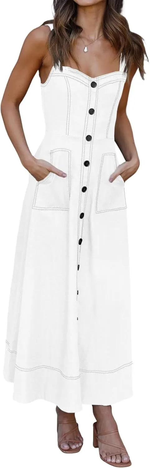 Fisoew Women's Long Denim Dress Sleeveless Adjustable Straps A Line Maxi Dress with Pockets