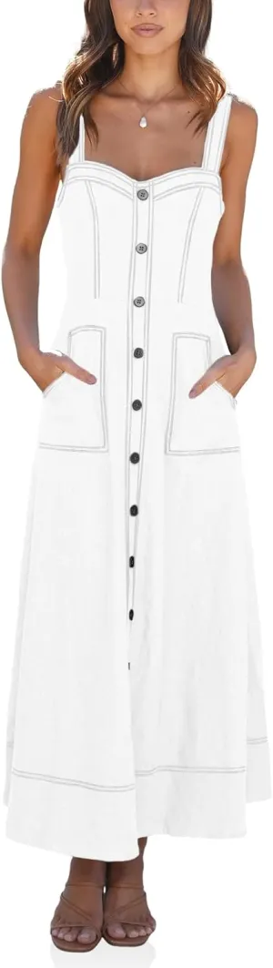Fisoew Women's Long Denim Dress Sleeveless Adjustable Straps A Line Maxi Dress with Pockets