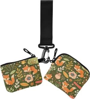 Floral Pattern with Foxes Women's Dual Wallets Busniess Card Cases Mini Fashion Wristlet Wallet Key Holder with Zipper Pocket for Ladies Girls 2 Pcs