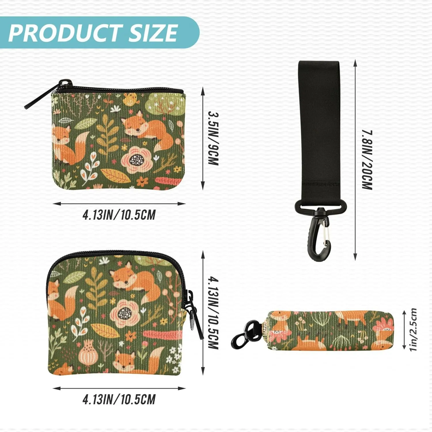 Floral Pattern with Foxes Women's Dual Wallets Busniess Card Cases Mini Fashion Wristlet Wallet Key Holder with Zipper Pocket for Ladies Girls 2 Pcs