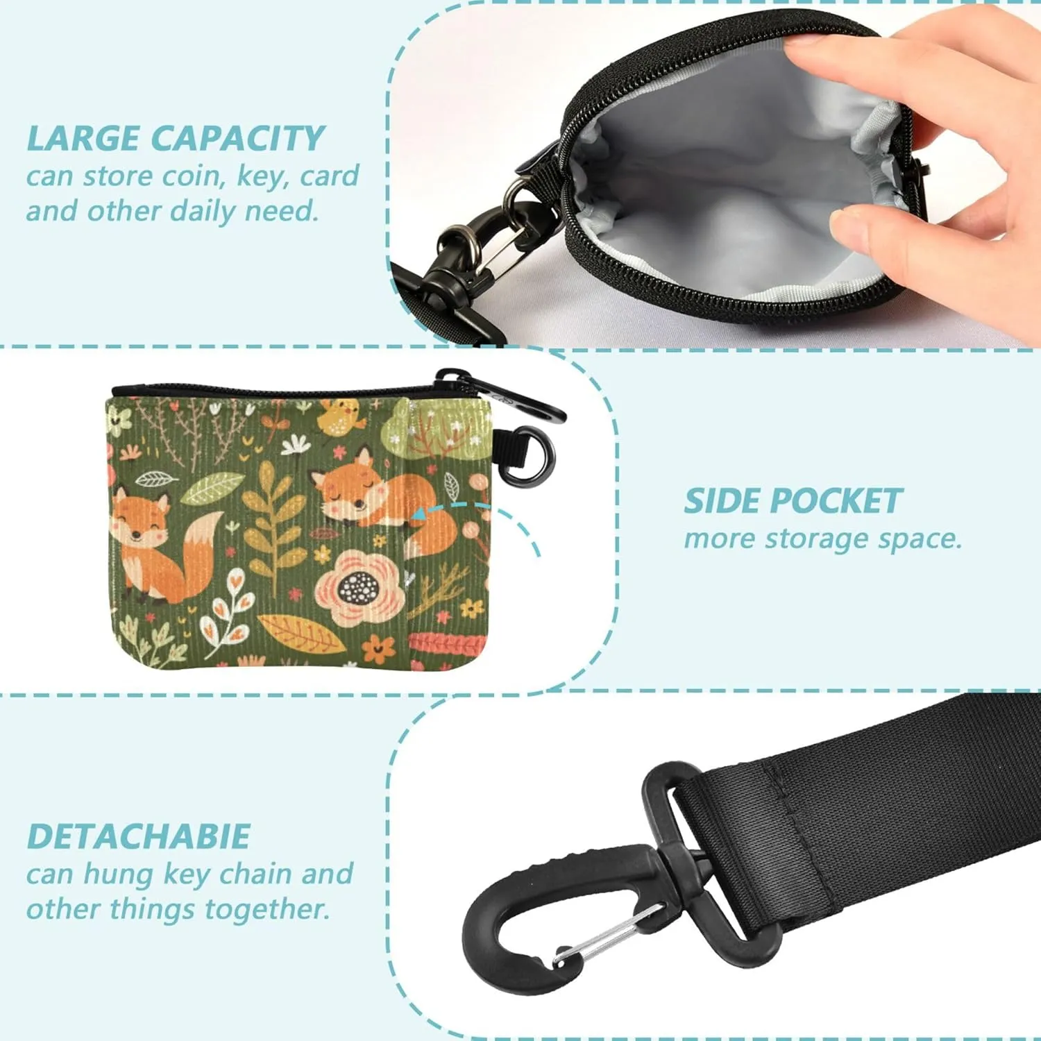 Floral Pattern with Foxes Women's Dual Wallets Busniess Card Cases Mini Fashion Wristlet Wallet Key Holder with Zipper Pocket for Ladies Girls 2 Pcs