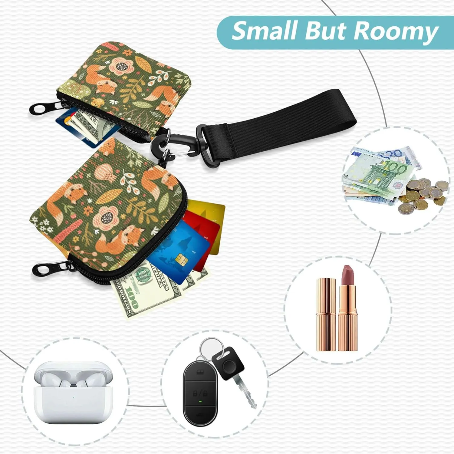 Floral Pattern with Foxes Women's Dual Wallets Busniess Card Cases Mini Fashion Wristlet Wallet Key Holder with Zipper Pocket for Ladies Girls 2 Pcs