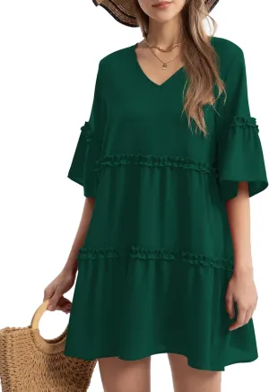 Funlingo Women's Summer Solid Flowy Tunic Mini Dress Short Sleeve V Neck Swing A-line Knee Length Dress