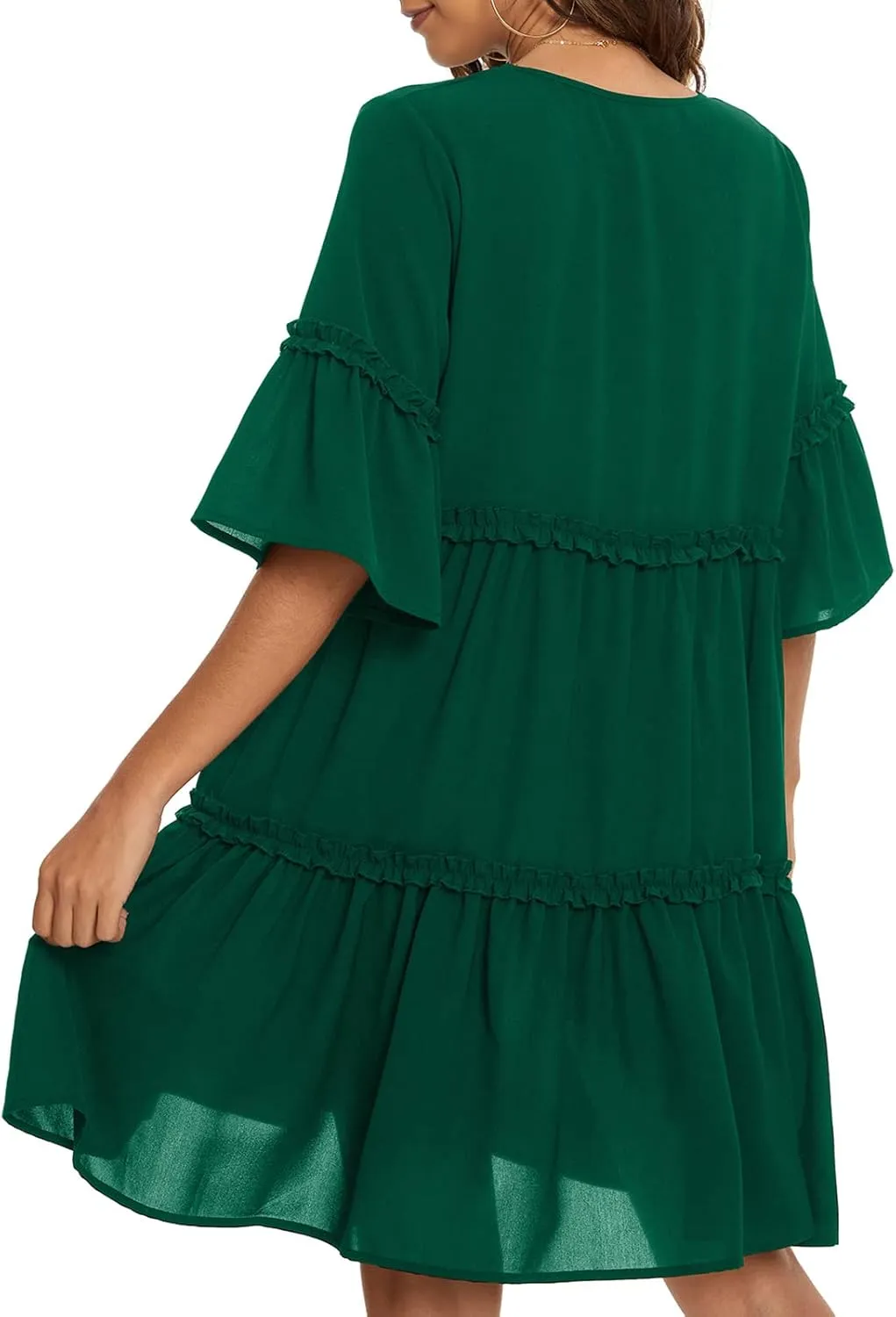 Funlingo Women's Summer Solid Flowy Tunic Mini Dress Short Sleeve V Neck Swing A-line Knee Length Dress