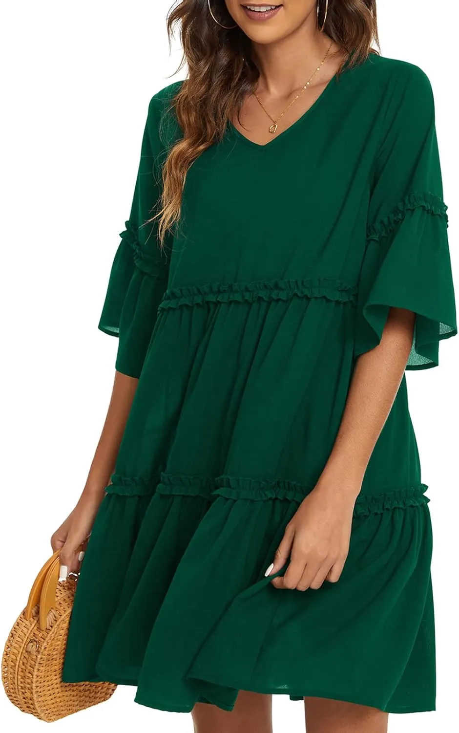 Funlingo Women's Summer Solid Flowy Tunic Mini Dress Short Sleeve V Neck Swing A-line Knee Length Dress