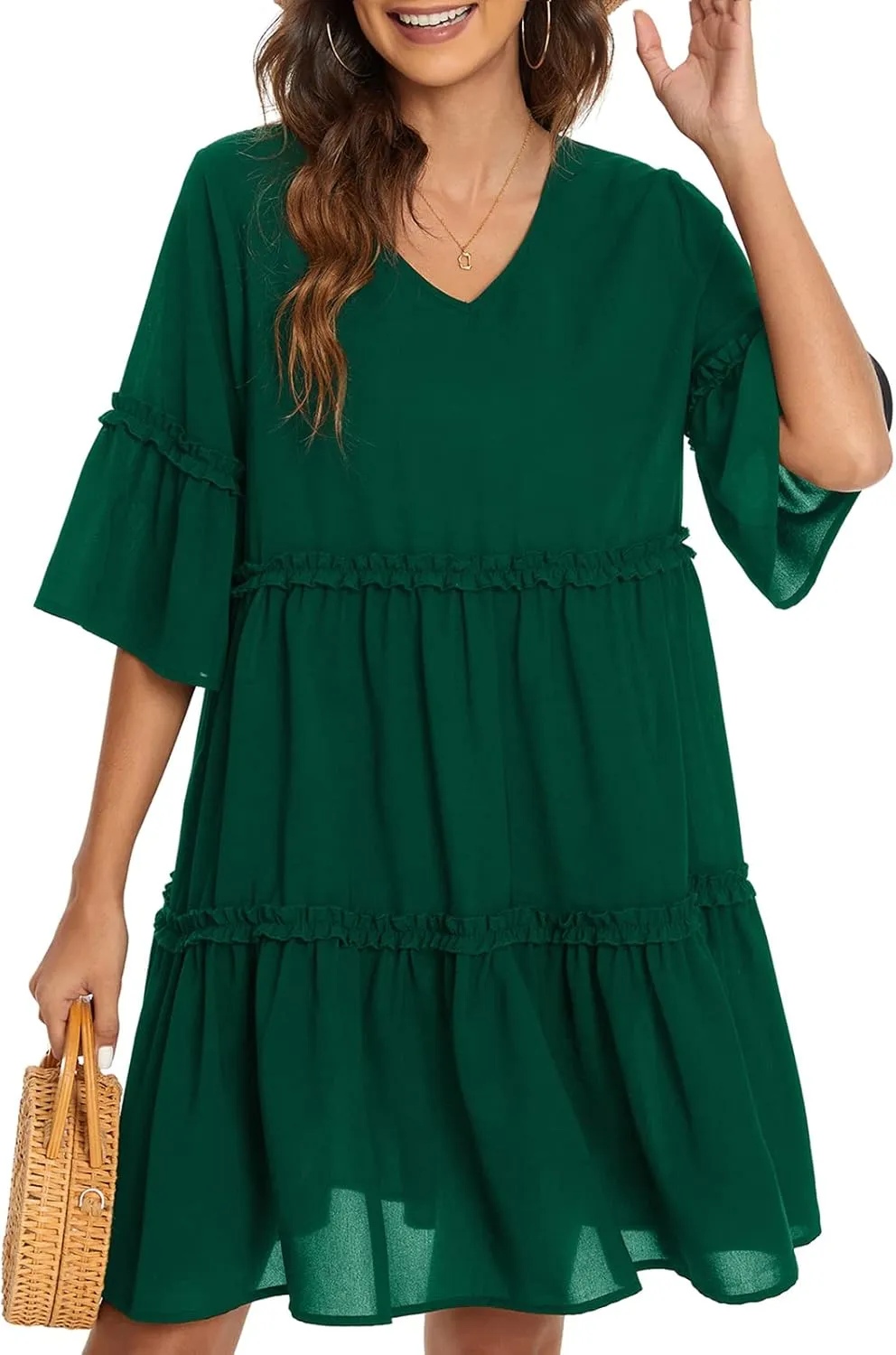 Funlingo Women's Summer Solid Flowy Tunic Mini Dress Short Sleeve V Neck Swing A-line Knee Length Dress