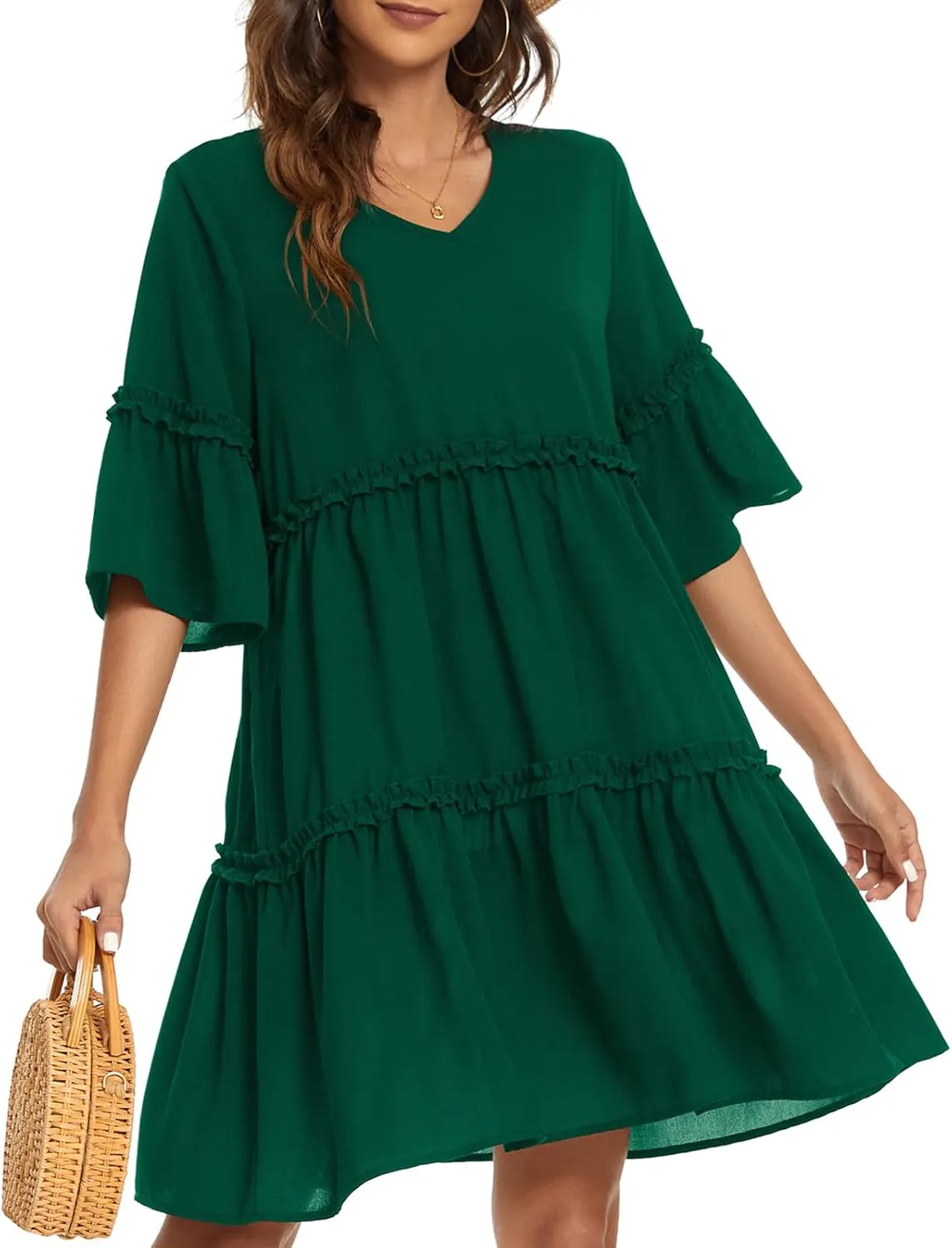 Funlingo Women's Summer Solid Flowy Tunic Mini Dress Short Sleeve V Neck Swing A-line Knee Length Dress