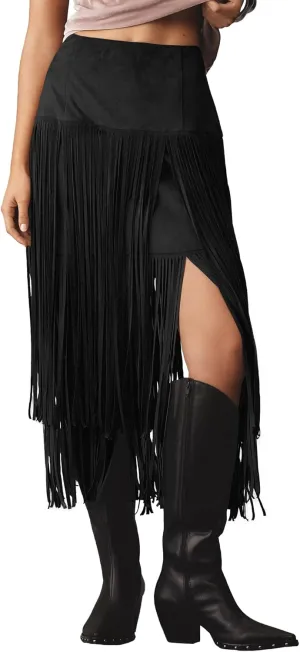 Gacaky Womens Fringe Faux Suede Trim Skirts 2025 Summer Casual Elastic Waist A-Line Long Skirt Party Music Festivals Skirt