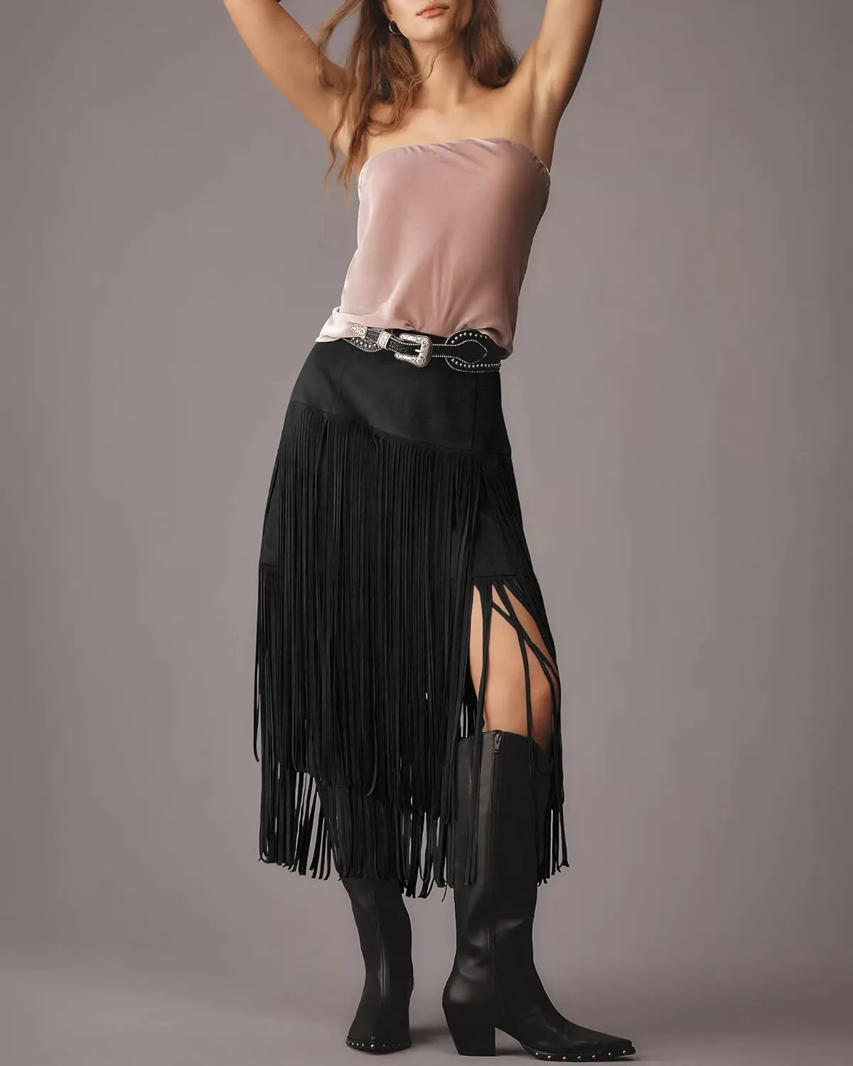 Gacaky Womens Fringe Faux Suede Trim Skirts 2025 Summer Casual Elastic Waist A-Line Long Skirt Party Music Festivals Skirt