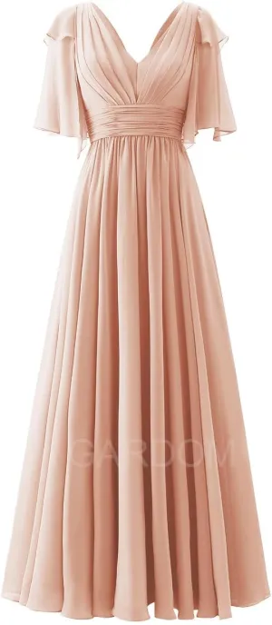 GARDOM Ruffle Sleeves Bridesmaid Dress for Wedding V Neck Chiffon Long Maxi Formal Dresses Wedding Evening Party Gowns