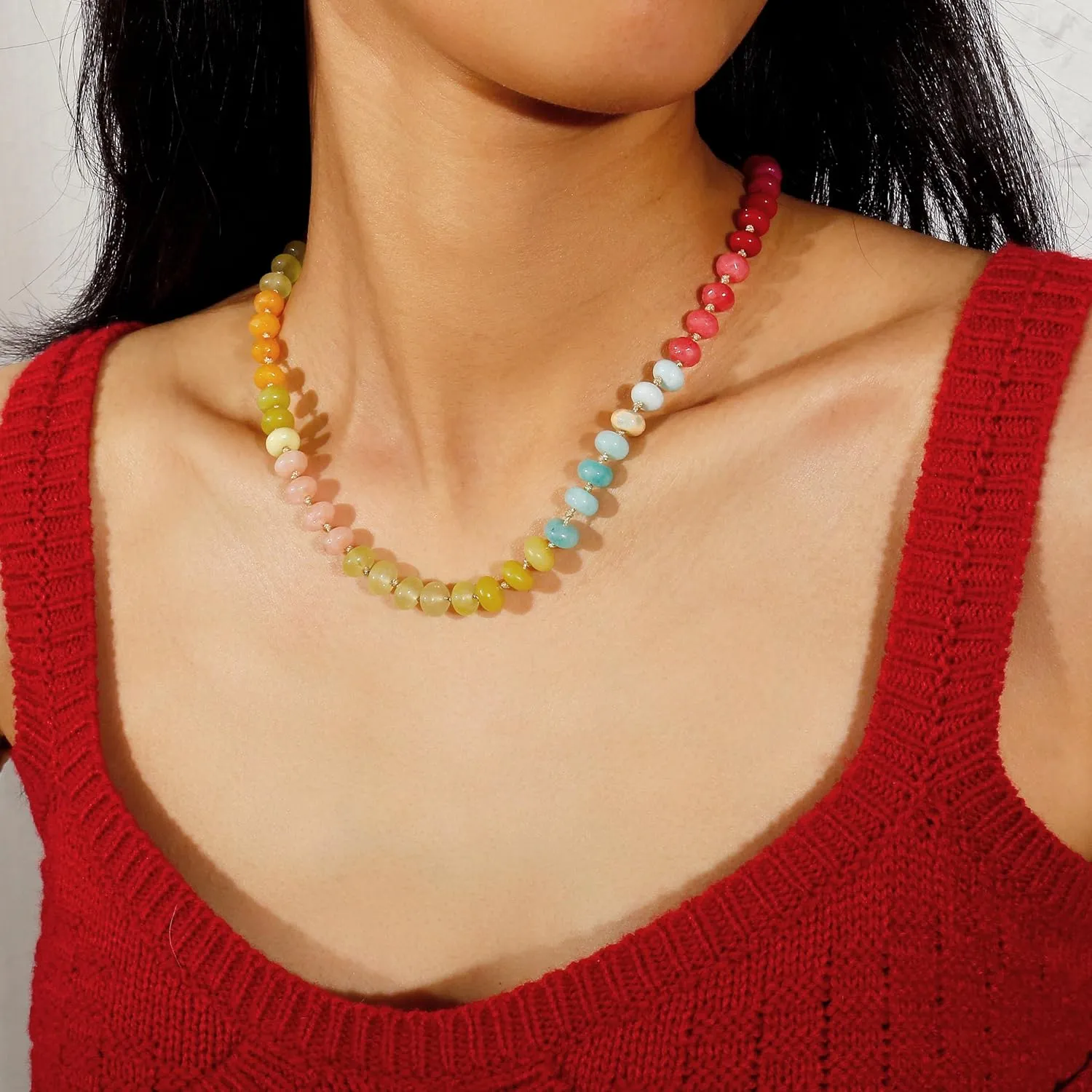 Gemstone Beaded Necklace for Women Colorful Natural Stone Freshwater Pearl Surfer Beach Rainbow Necklace Jewelry Gift