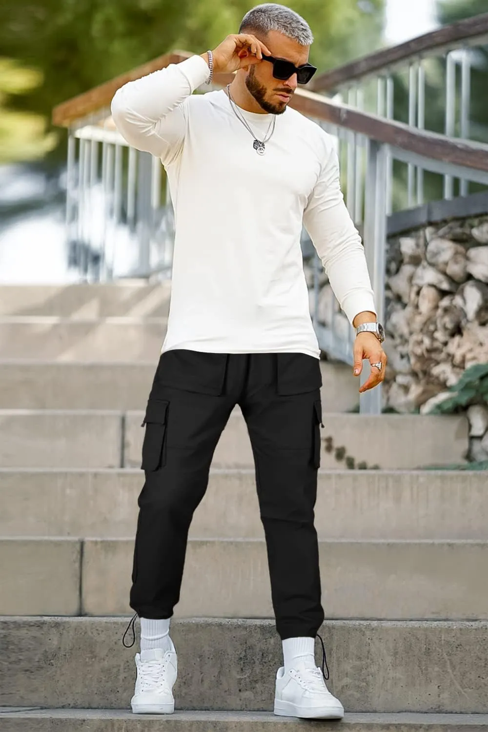 GINGTTO Men's Casual Cargo Pants Elastic Waist Camo Pants Hiking Joggers
