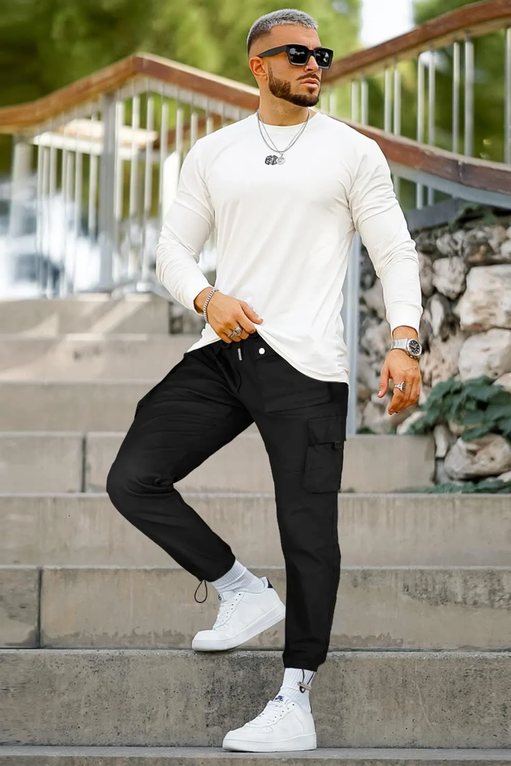 GINGTTO Men's Casual Cargo Pants Elastic Waist Camo Pants Hiking Joggers