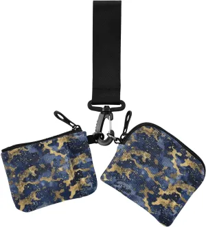 Golden Blue Pattern Women's Coin Pouches Card Holder Small Detachable Change Purse Wallet with Wristlet Strap for Woman 2 Pcs