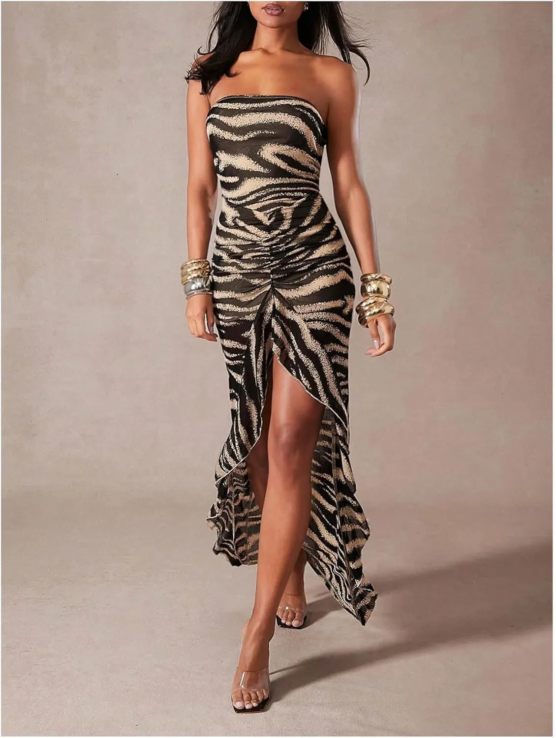 GORGLITTER Women's Animal Print Strapless Bodycon Maxi Dress Mesh Ruched Ruffle Cocktail Graduation Tube Long Dresses