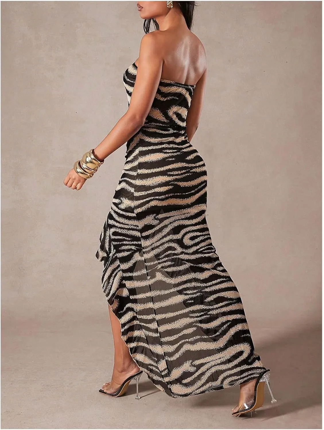 GORGLITTER Women's Animal Print Strapless Bodycon Maxi Dress Mesh Ruched Ruffle Cocktail Graduation Tube Long Dresses