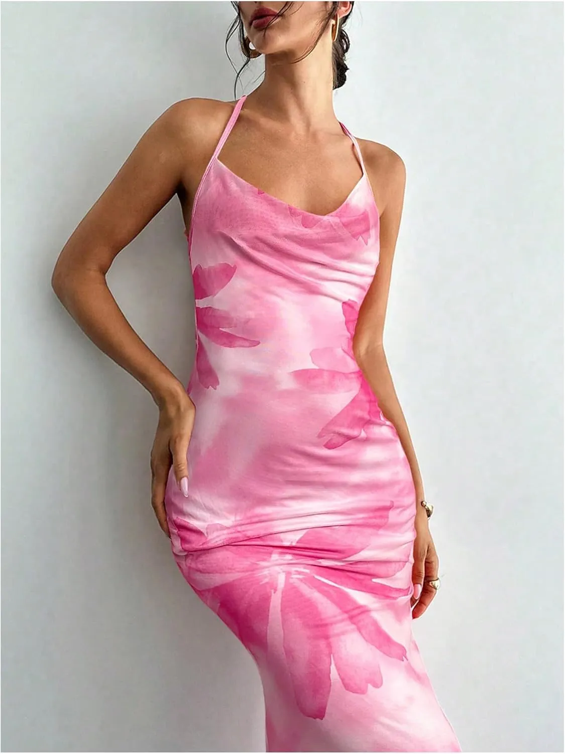 GORGLITTER Women's Floral Mesh Bodycon Fishtail Maxi Dresses Open Back Bow Tie Birthday Wedding Guest Dinner Long Dress