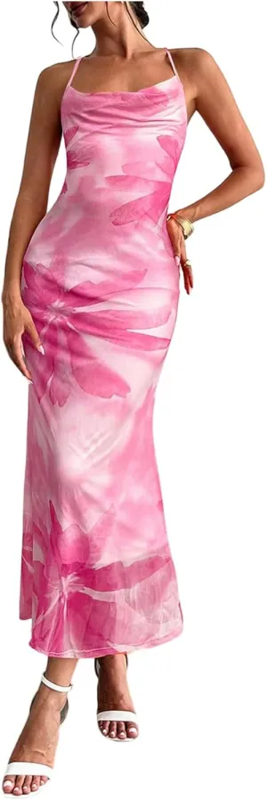 GORGLITTER Women's Floral Mesh Bodycon Fishtail Maxi Dresses Open Back Bow Tie Birthday Wedding Guest Dinner Long Dress