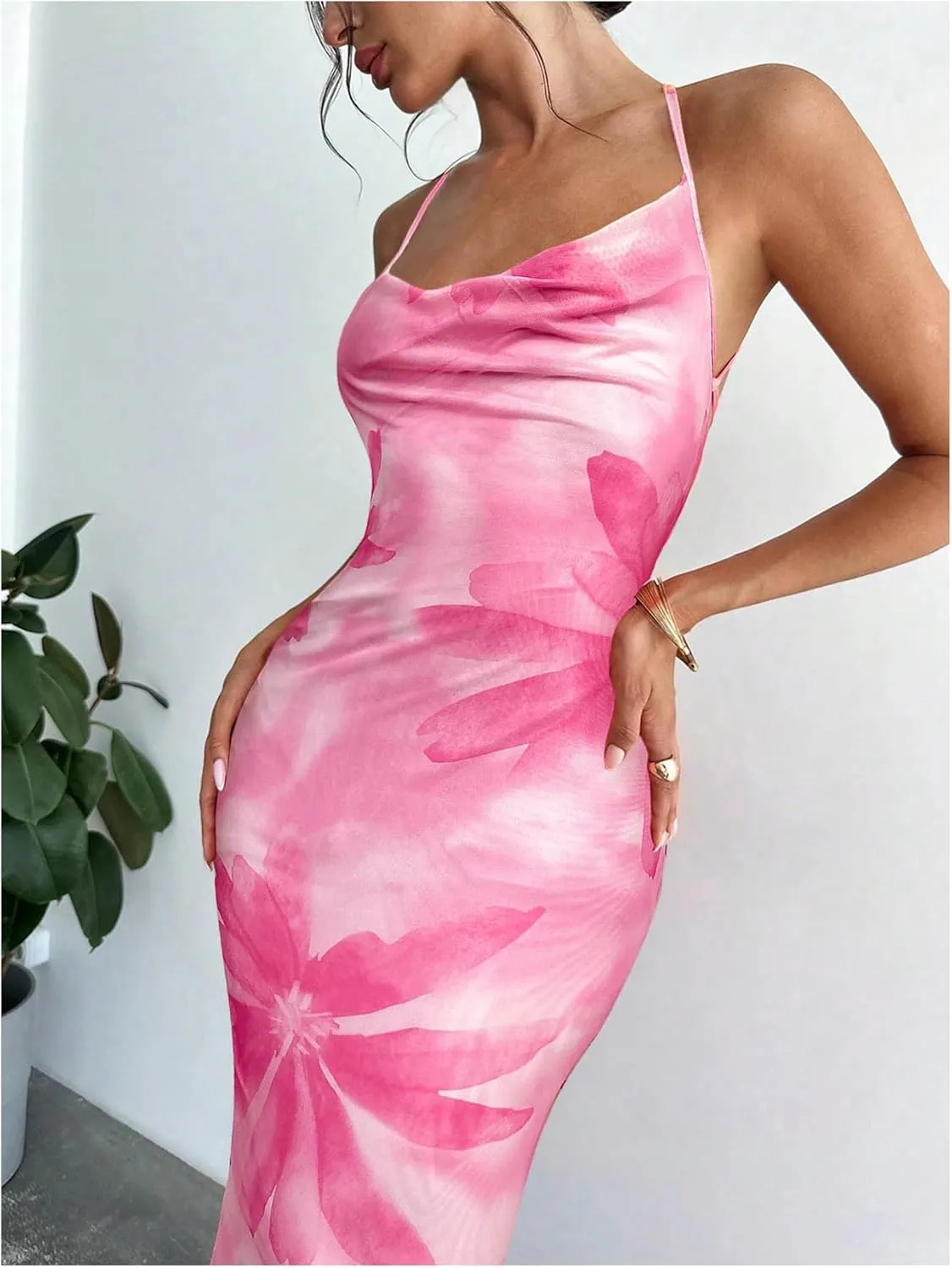 GORGLITTER Women's Floral Mesh Bodycon Fishtail Maxi Dresses Open Back Bow Tie Birthday Wedding Guest Dinner Long Dress