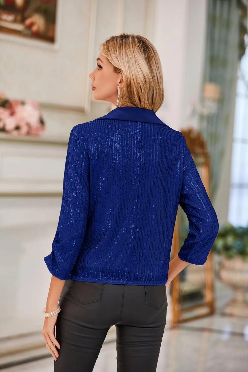 GRACE KARIN Sequin Blazer - Sparkly Sequin Jacket with Ruched 3/4 Sleeves and Open Front