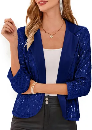GRACE KARIN Sequin Blazer - Sparkly Sequin Jacket with Ruched 3/4 Sleeves and Open Front