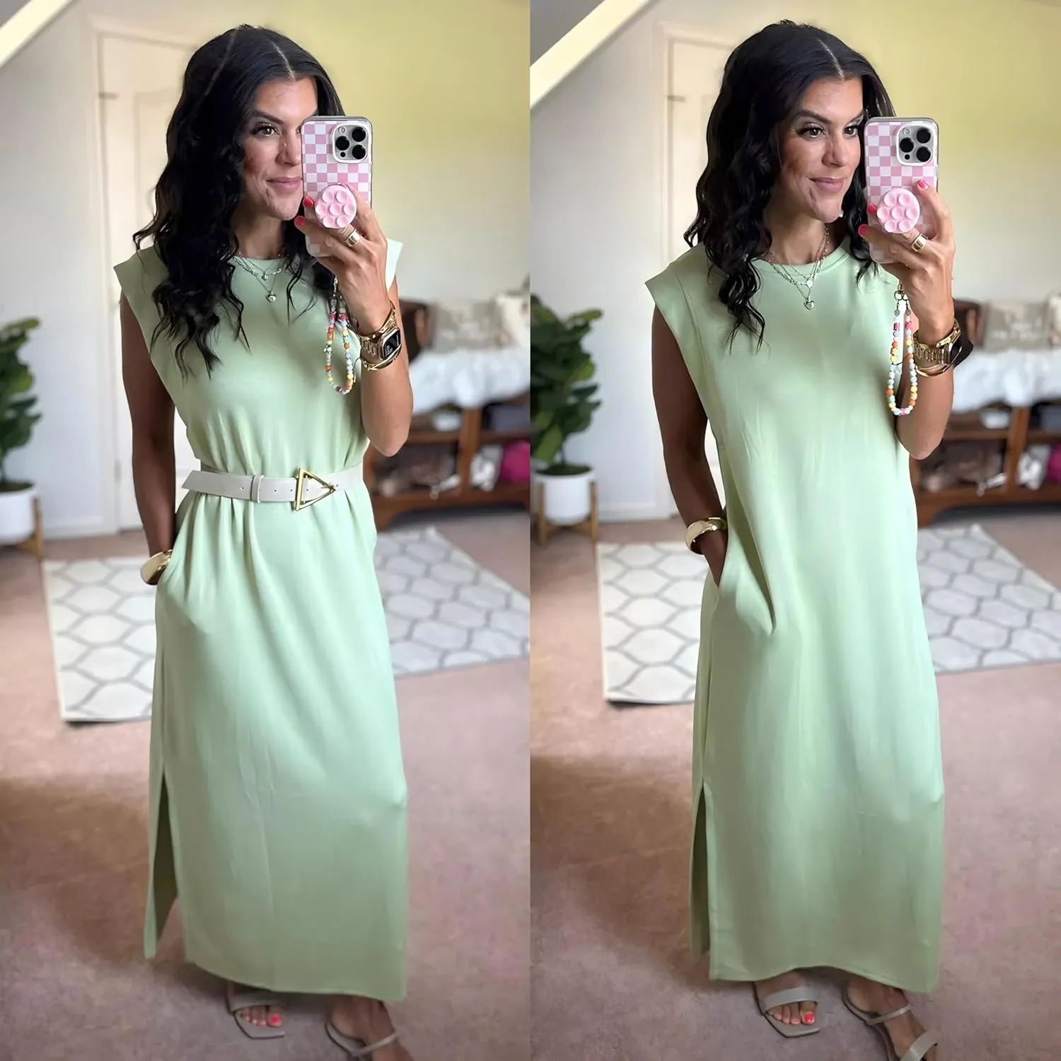 GRECERELLE 2025 Women Summer Round Neck Casual Loose Split Wrinkle-Free Long Maxi Vacation Dress with Pockets (XS-3XL)