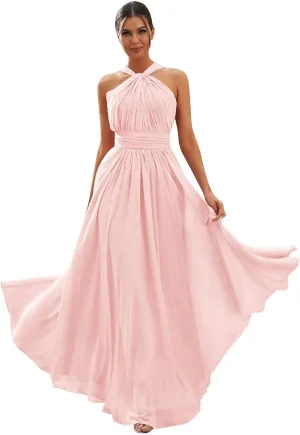 Halter Chiffon Bridesmaid Dresses for Women A Line Long Pleated Formal Evening Gown