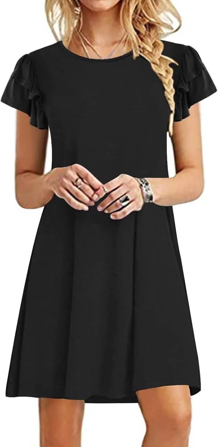 hlysgo Mini Dresses for Women Summer Trendy Ruffle Short Sleeve Cute Dress Casual Flowy Beach Vacation Dress with Pockets