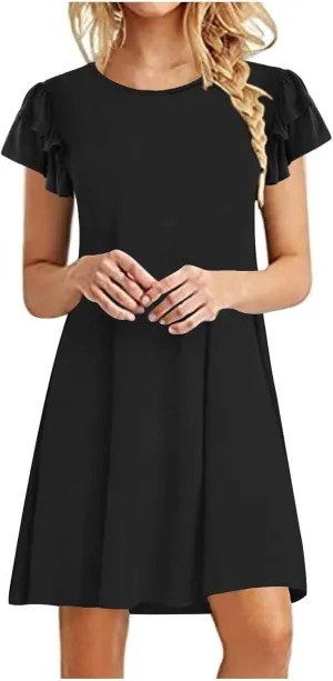 hlysgo Mini Dresses for Women Summer Trendy Ruffle Short Sleeve Cute Dress Casual Flowy Beach Vacation Dress with Pockets