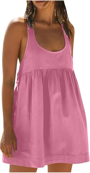 hlysgo Sundresses for Women 2024 Summer Sleeveless Crew Neck Mini Dress Casual Loose Fit Flowy Beach Sundress with Pockets