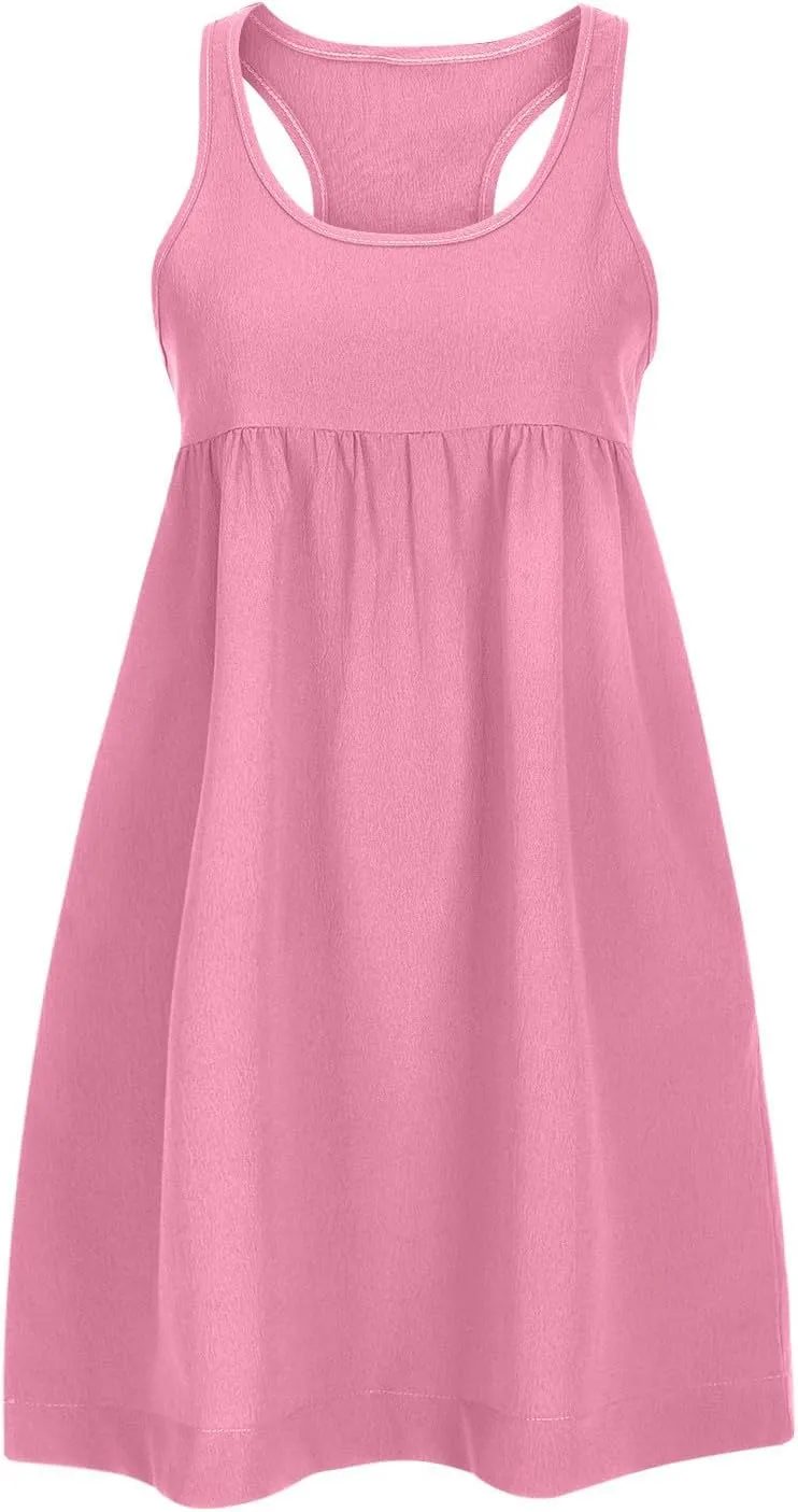 hlysgo Sundresses for Women 2024 Summer Sleeveless Crew Neck Mini Dress Casual Loose Fit Flowy Beach Sundress with Pockets
