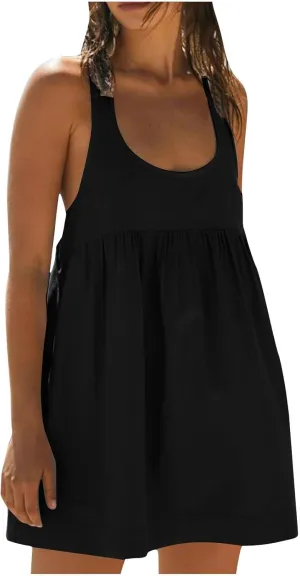 hlysgo Sundresses for Women 2024 Summer Sleeveless Crew Neck Mini Dress Casual Loose Fit Flowy Beach Sundress with Pockets