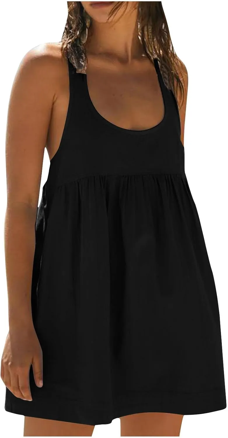 hlysgo Sundresses for Women 2024 Summer Sleeveless Crew Neck Mini Dress Casual Loose Fit Flowy Beach Sundress with Pockets