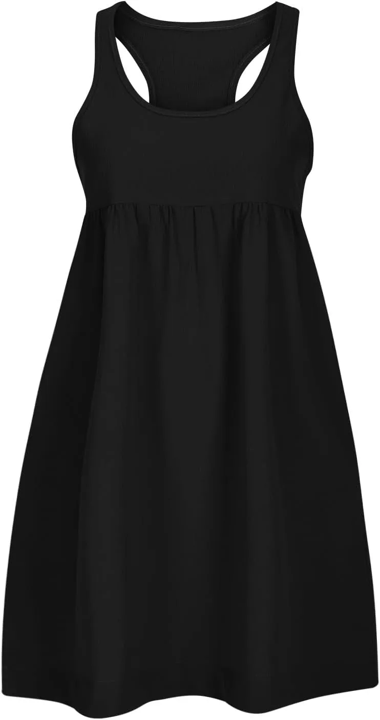 hlysgo Sundresses for Women 2024 Summer Sleeveless Crew Neck Mini Dress Casual Loose Fit Flowy Beach Sundress with Pockets