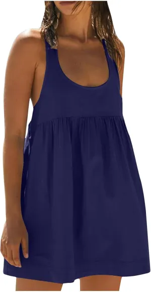 hlysgo Sundresses for Women 2024 Summer Sleeveless Crew Neck Mini Dress Casual Loose Fit Flowy Beach Sundress with Pockets
