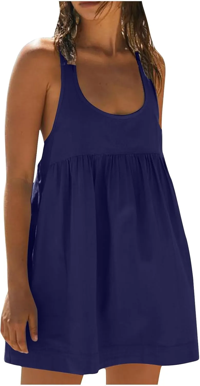 hlysgo Sundresses for Women 2024 Summer Sleeveless Crew Neck Mini Dress Casual Loose Fit Flowy Beach Sundress with Pockets