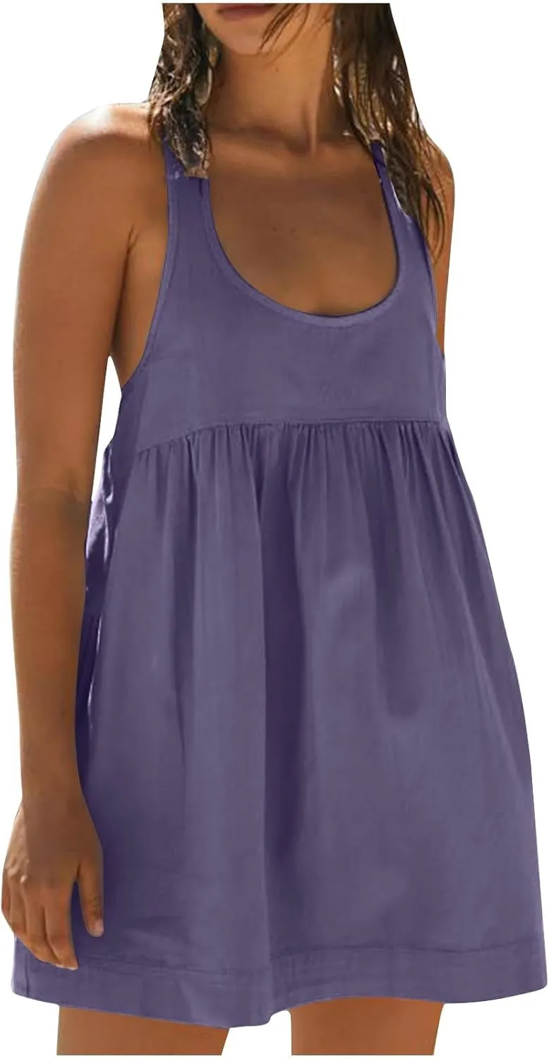 hlysgo Sundresses for Women 2024 Summer Sleeveless Crew Neck Mini Dress Casual Loose Fit Flowy Beach Sundress with Pockets