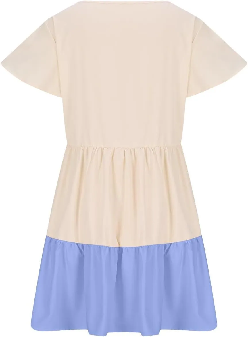 hlysgo Womens Summer Dresses 2024 Casual Frill Sleeve Keyhole Neck Mini Dress Color Block A-Line Flowy Pleated Beach Dress