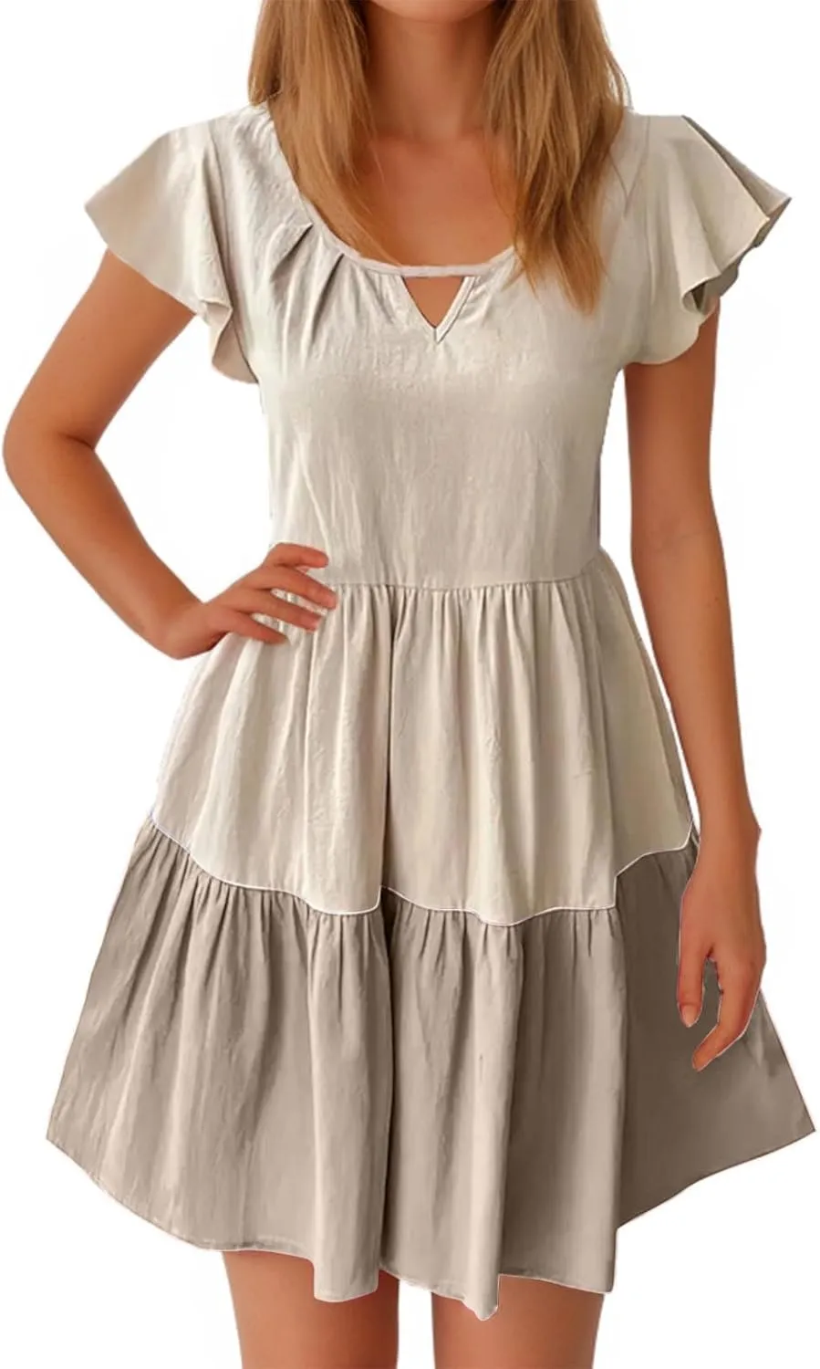 hlysgo Womens Summer Dresses 2024 Casual Frill Sleeve Keyhole Neck Mini Dress Color Block A-Line Flowy Pleated Beach Dress