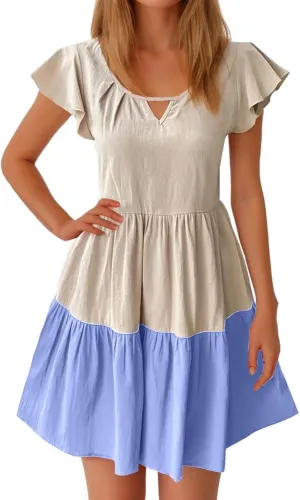 hlysgo Womens Summer Dresses 2024 Casual Frill Sleeve Keyhole Neck Mini Dress Color Block A-Line Flowy Pleated Beach Dress