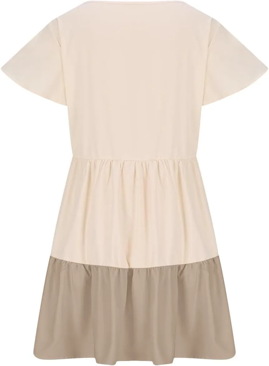hlysgo Womens Summer Dresses 2024 Casual Frill Sleeve Keyhole Neck Mini Dress Color Block A-Line Flowy Pleated Beach Dress