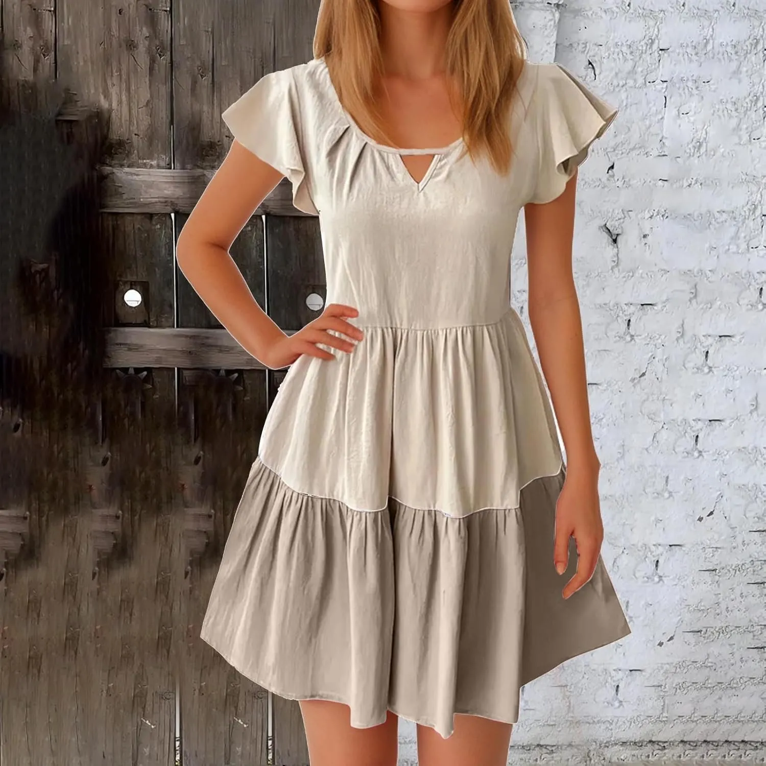 hlysgo Womens Summer Dresses 2024 Casual Frill Sleeve Keyhole Neck Mini Dress Color Block A-Line Flowy Pleated Beach Dress