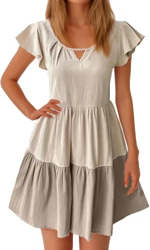 hlysgo Womens Summer Dresses 2024 Casual Frill Sleeve Keyhole Neck Mini Dress Color Block A-Line Flowy Pleated Beach Dress