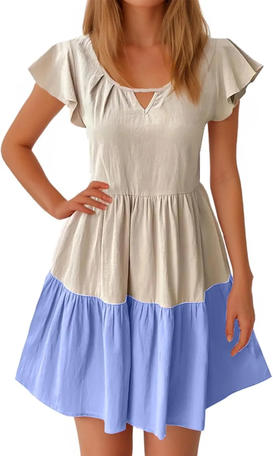 hlysgo Womens Summer Dresses 2024 Casual Frill Sleeve Keyhole Neck Mini Dress Color Block A-Line Flowy Pleated Beach Dress