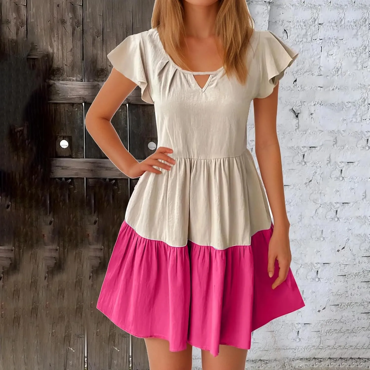 hlysgo Womens Summer Dresses 2024 Casual Frill Sleeve Keyhole Neck Mini Dress Color Block A-Line Flowy Pleated Beach Dress