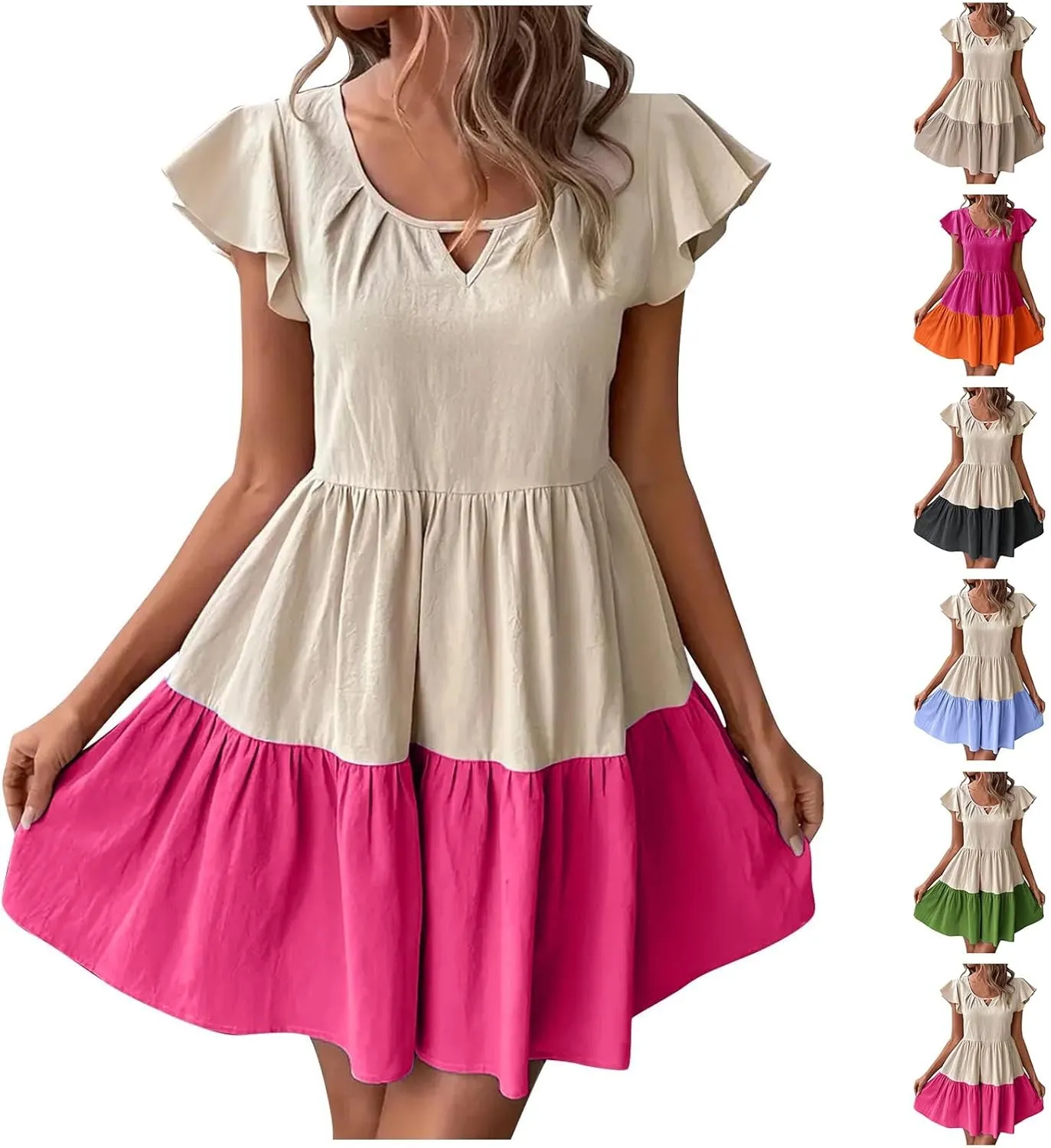 hlysgo Womens Summer Dresses 2024 Casual Frill Sleeve Keyhole Neck Mini Dress Color Block A-Line Flowy Pleated Beach Dress