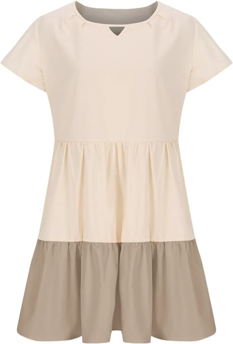 hlysgo Womens Summer Dresses 2024 Casual Frill Sleeve Keyhole Neck Mini Dress Color Block A-Line Flowy Pleated Beach Dress