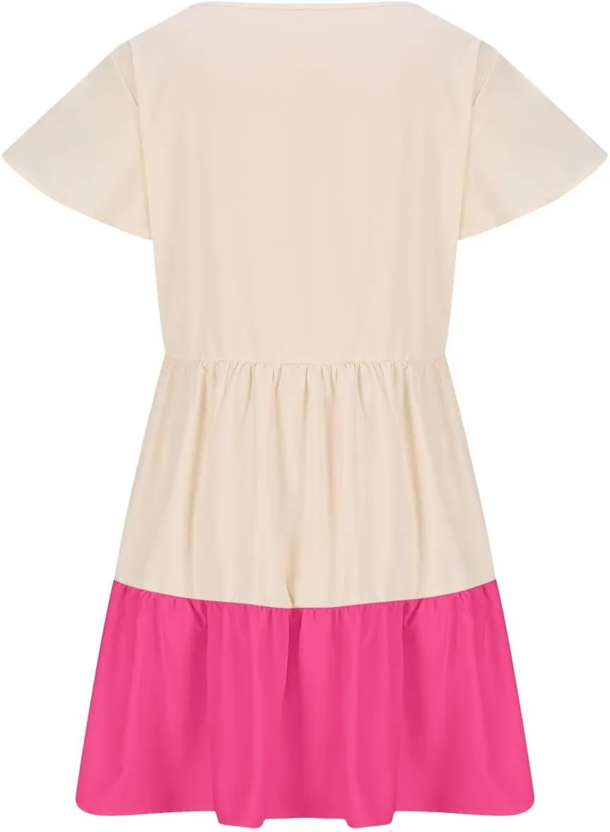 hlysgo Womens Summer Dresses 2024 Casual Frill Sleeve Keyhole Neck Mini Dress Color Block A-Line Flowy Pleated Beach Dress
