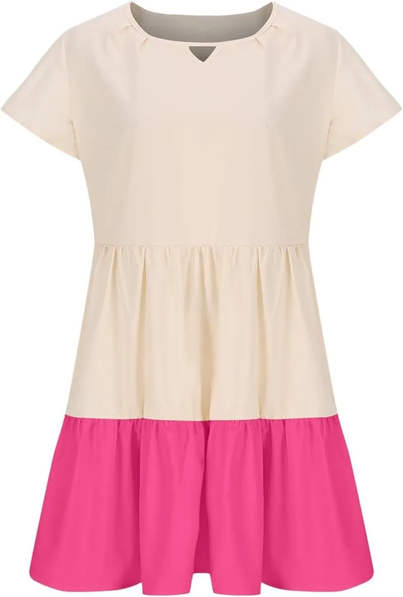 hlysgo Womens Summer Dresses 2024 Casual Frill Sleeve Keyhole Neck Mini Dress Color Block A-Line Flowy Pleated Beach Dress